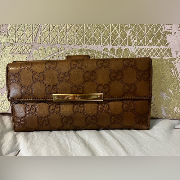 Gucci Long Wallet Brown Gold Bifold Checkbook Purse ID Cards Holders Womens Gift - Picture 4 of 13